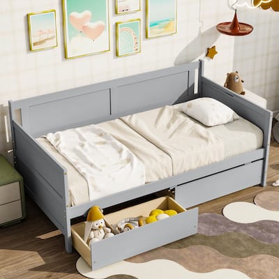Pine Wood Sofa Bed, Twin Size Daybed with Pull-out Storage Drawers Storage Bed Platform Bed with Panel Headboard and Footboard