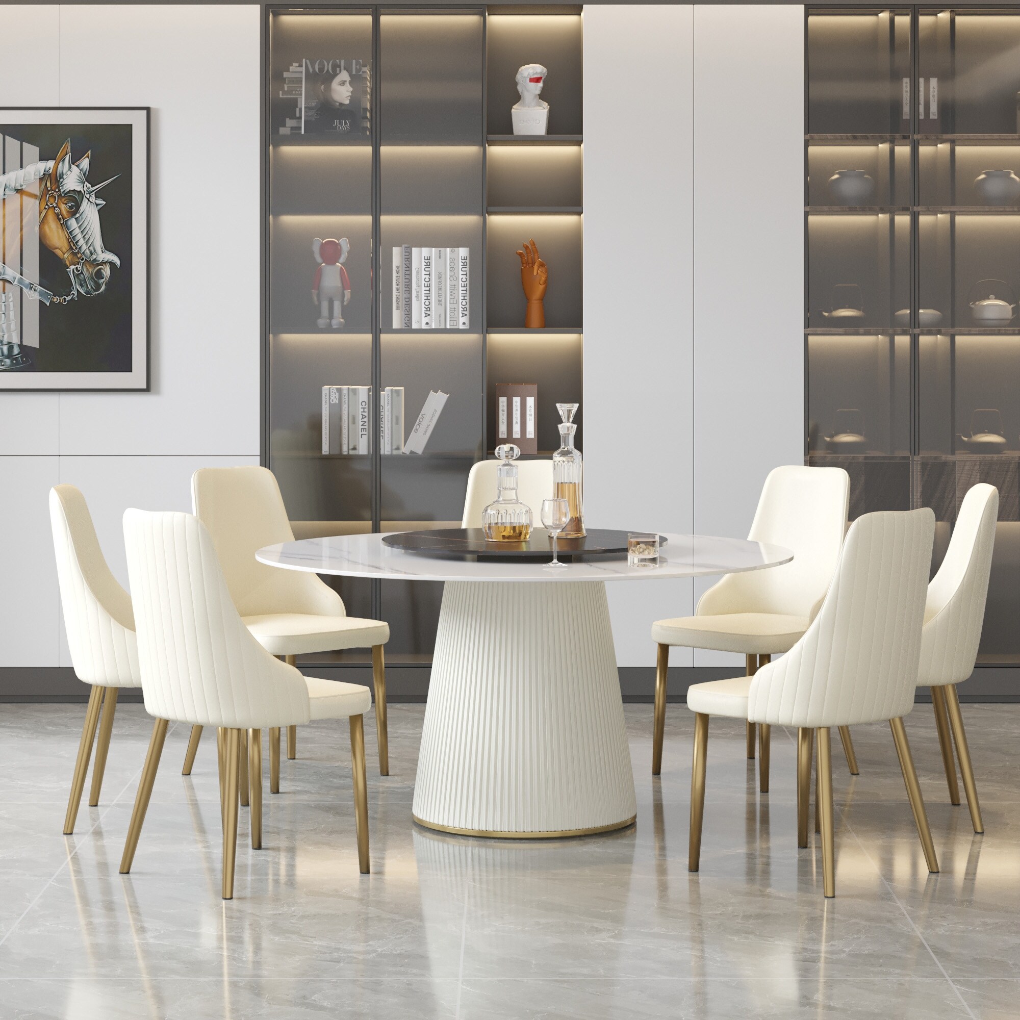 59'' Round Dining Table for 8, White Sintered Stone Tabletop