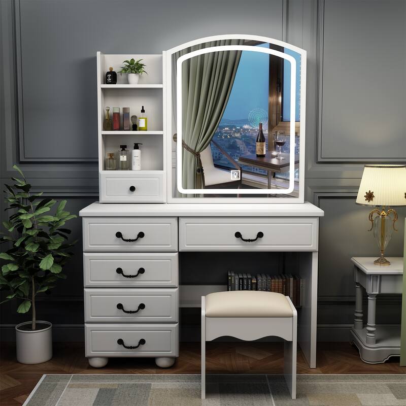 6 Drawers Vanity Desk with Large Led Makeup Mirror, Dressing Table and Stool Set for Bedroom