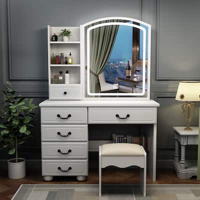 Vanity Mirror with Lights and Table Set with 3 Color Lighting Brightness Adjustable,6 Drawers