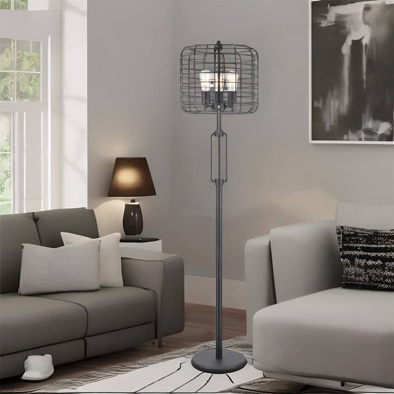 Cage Style Floor Lamp with Edison Bulb - Black