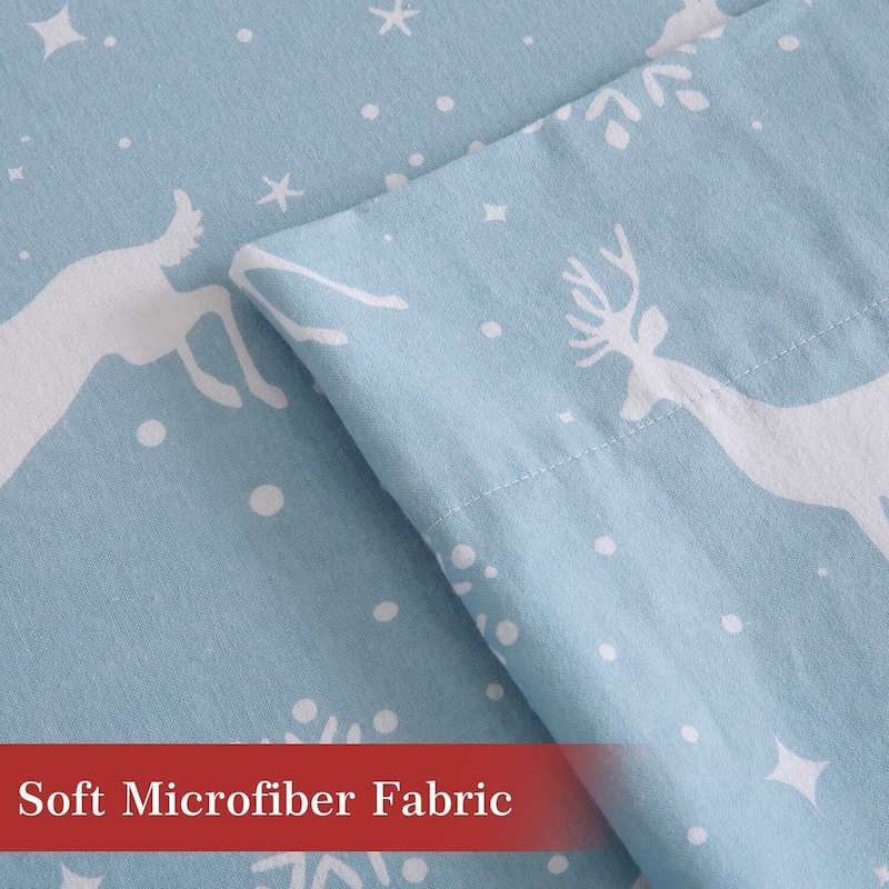 Christmas Soft Brushed Microfiber Holiday Bed Sheets Set, Light Blue