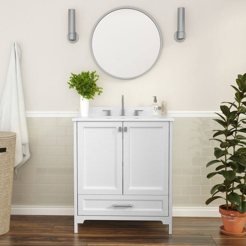 Bathroom Vanity with Undermount Sink, Cabinet, and Drawer - 30 Inch - White Frame/Nickel Hardware