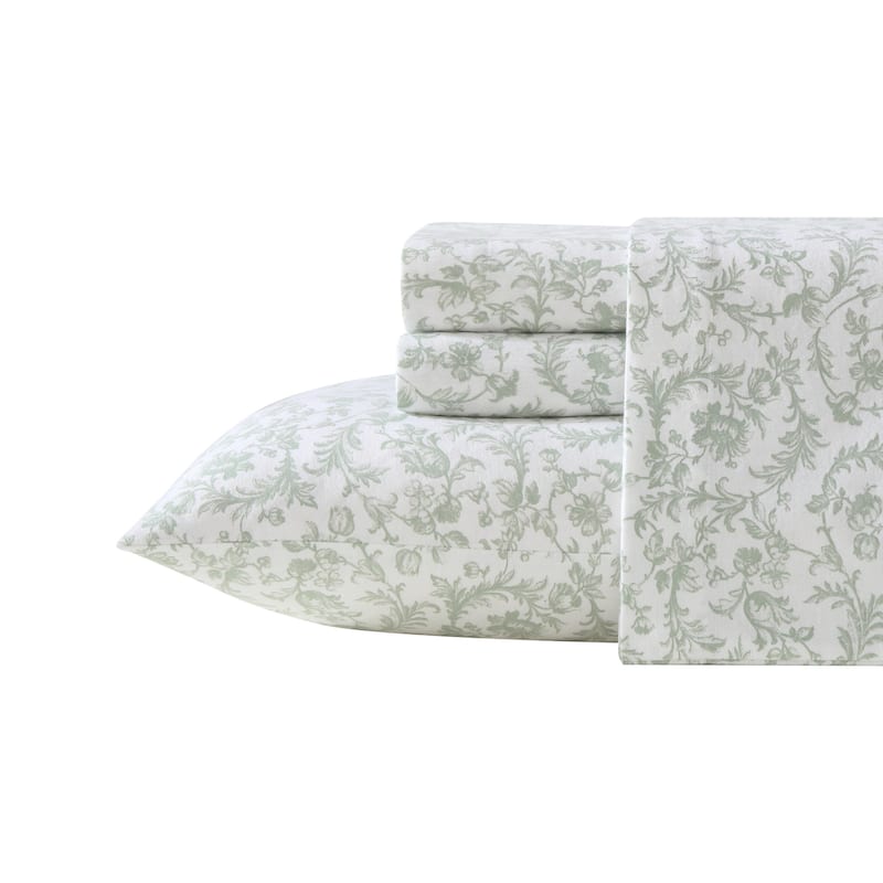 Laura Ashley Printed Cotton Flannel Sheet Set - Brinna Green - Queen