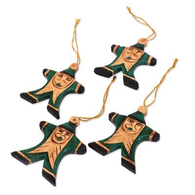 Handmade Wood ornaments, 'Happy Green Santa' (Indonesia) - 3.5" H x 2.8" W x 0.2" D