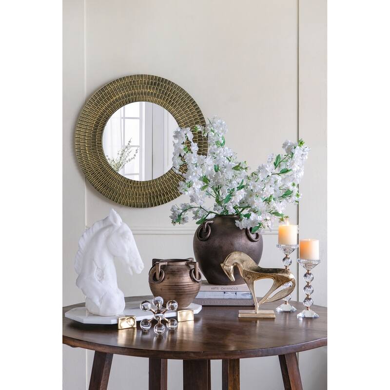 D29.5" Round Gold And Black Wooden Accent Mirror With Woven Texture - Gold+Black