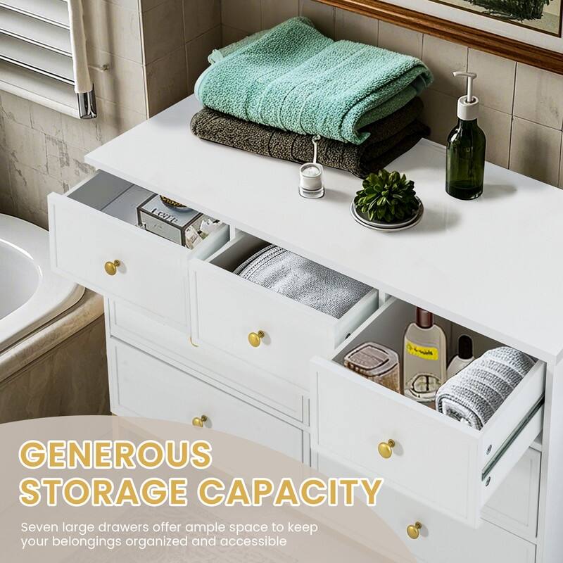 47" White Wooden Dresser With 7 Deep Drawers & Metal Handles