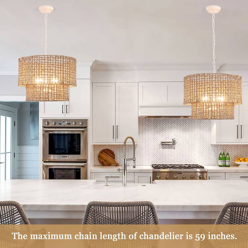 5-Light Metal 2-Tier Traditional Linear Drum Chandelier Pendant Light with Rattan Shade for Kitchen Island Dining Room