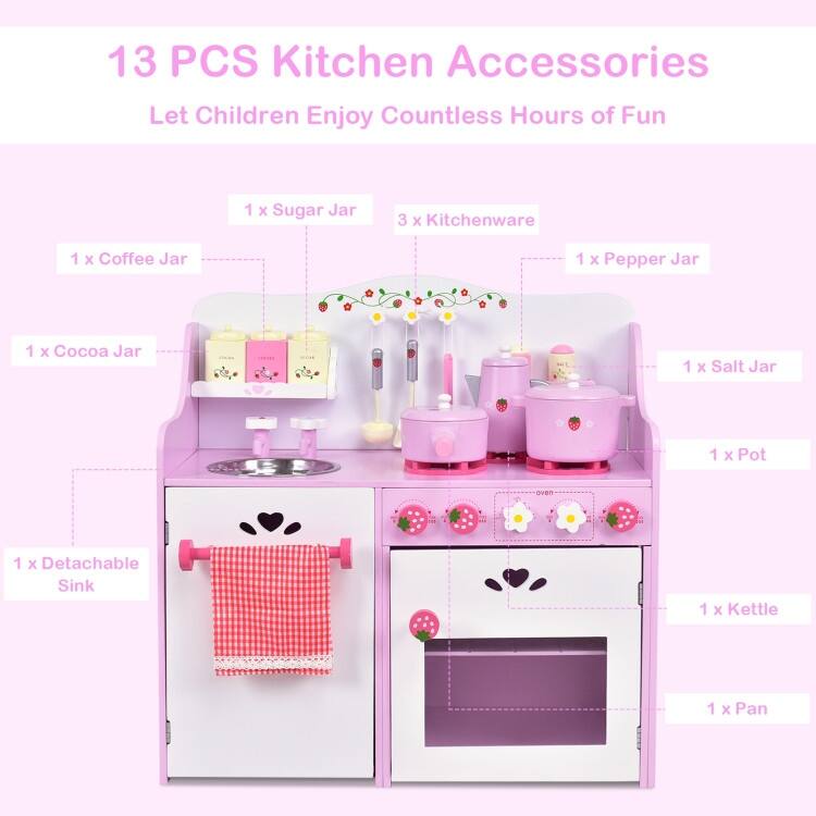 Kids Wooden Kitchen Toy Strawberry Pretend Cooking Playset - 23.6" x 11.6" x 24.4" (L x W x H)