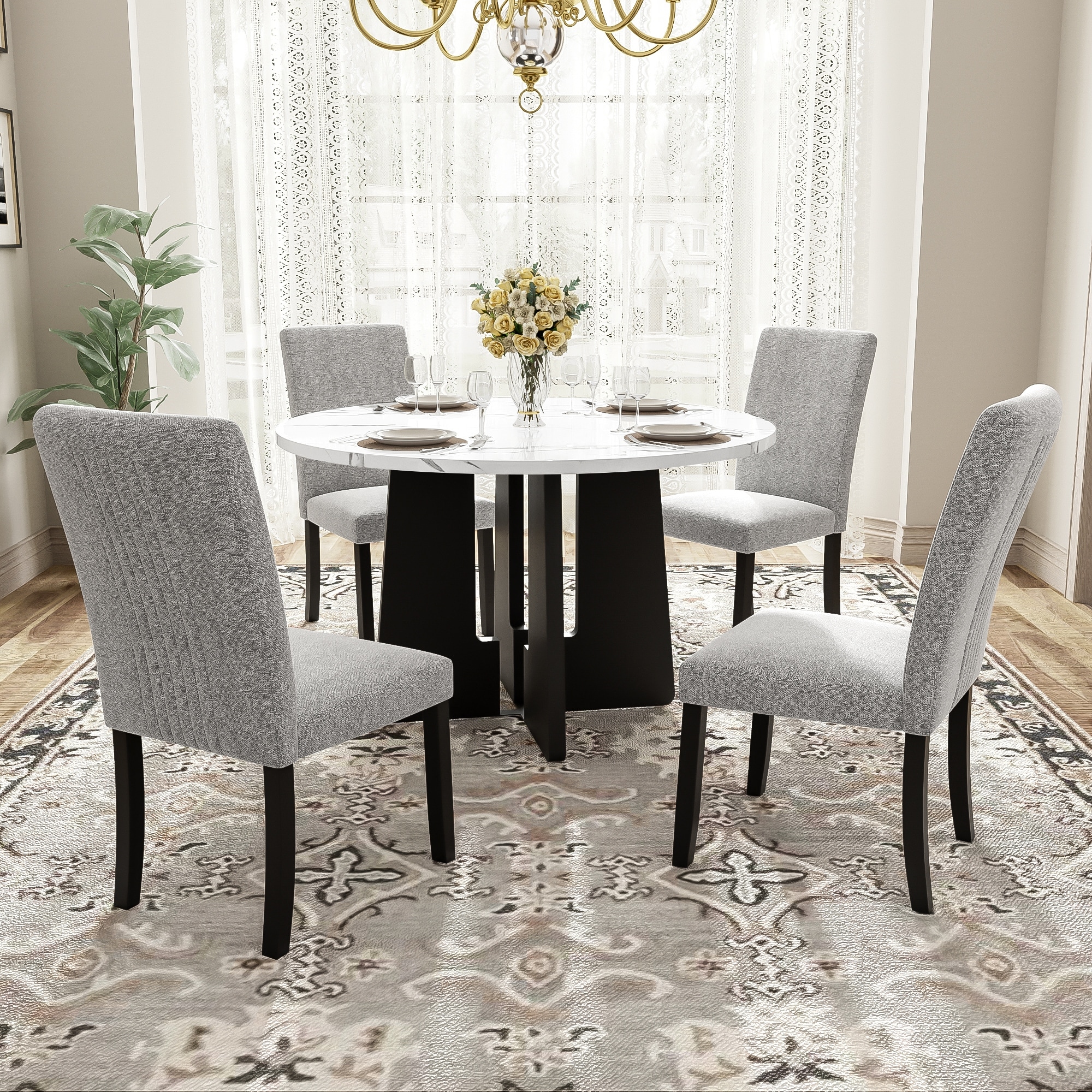 5-Piece, Modern Round Dining Table set with Dining Table and 4 Upholstered Chairs, for Dining Room, Kitchen Room, Living Room