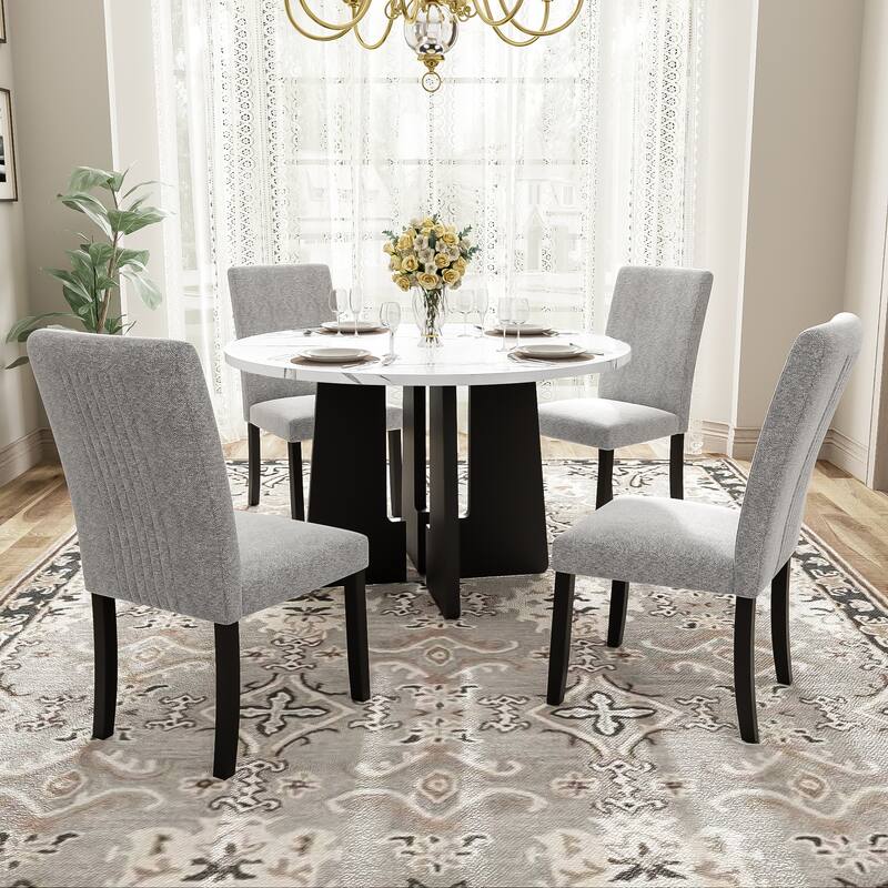 Modern 5-Piece Round Dining Set, 43-Inch Dining Table & 4 Upholstered Chairs, Farmhouse, Mid-Century Style for Dining Room - White+gray