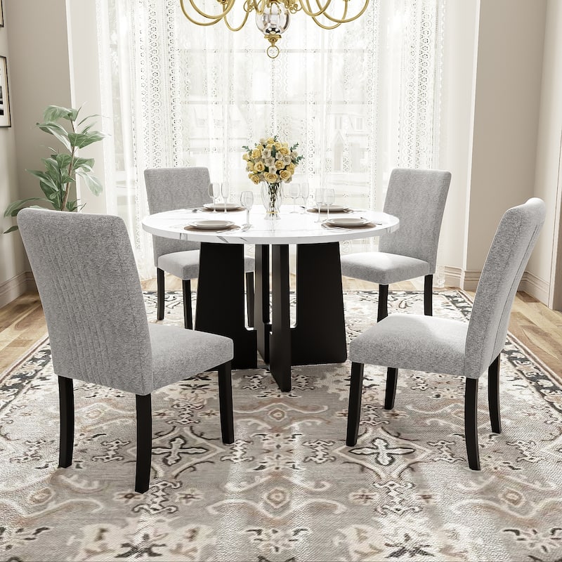 Modern 5-Piece Round Dining Table Set, Pedestal Kitchen Table Set with 4 Upholstered Chairs for Dining Room, Apartment - Beige+White