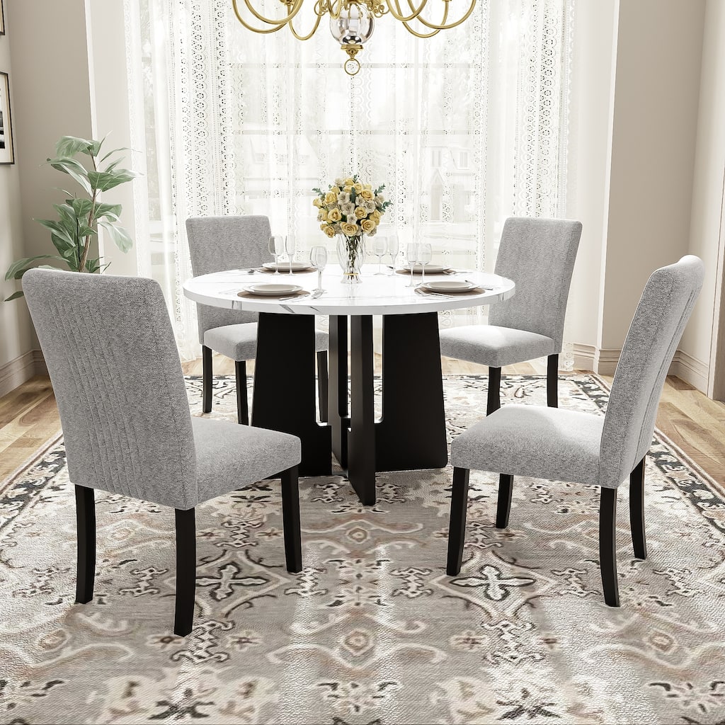 Modern 5-Piece Round Dining Table Set, Pedestal Kitchen Table Set with 4 Upholstered Chairs for Dining Room, Apartment