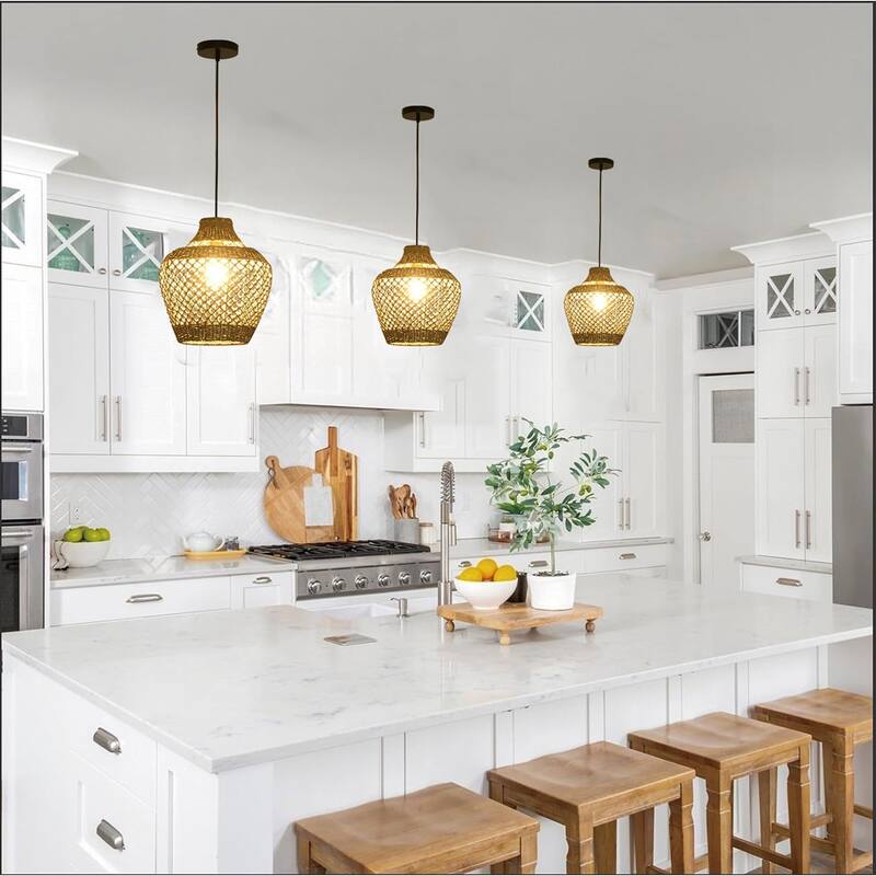 2 Pack indoor lighting rattan, black pendant light rattan kitchen chandelier