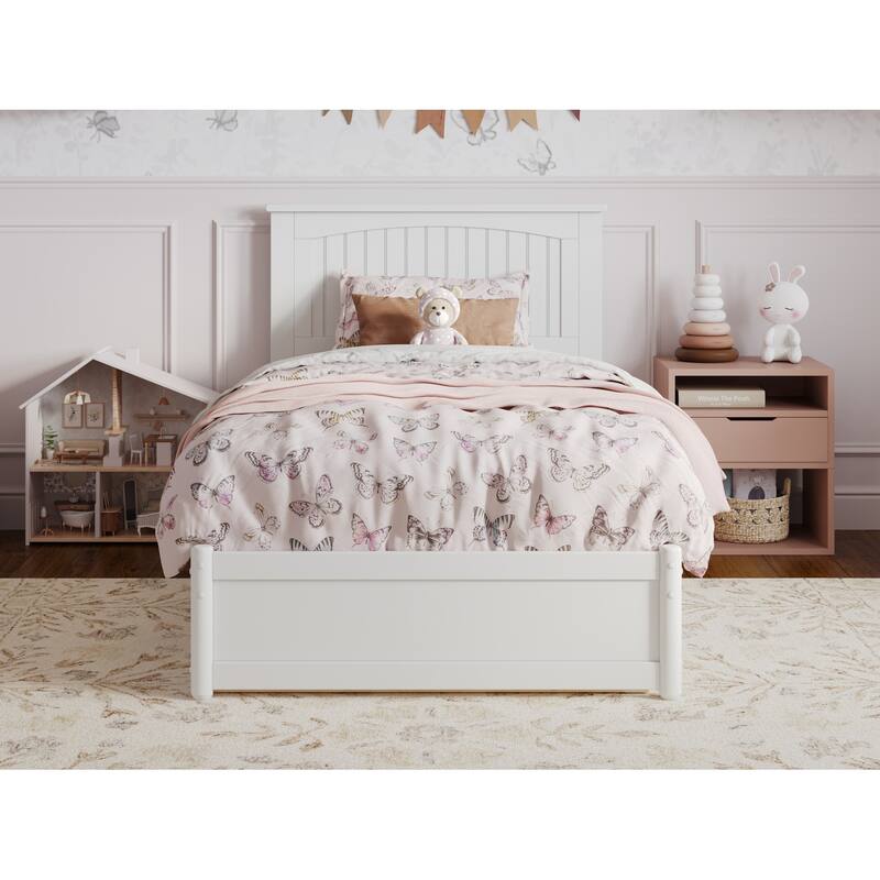 Twin Platform Bed with Trundle - White Wood Bed Frame & Panel Headboard - Space Saving Design