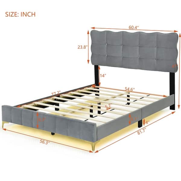 Velvet Platform Bed with Comfortable Headboard, LED Frame and Stylish Metal Bed Legs, Full Size, Grey