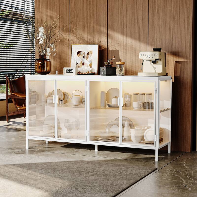 Display Storage Cabinet with Glass Shelves & Lighting Booshelf - 55.1"