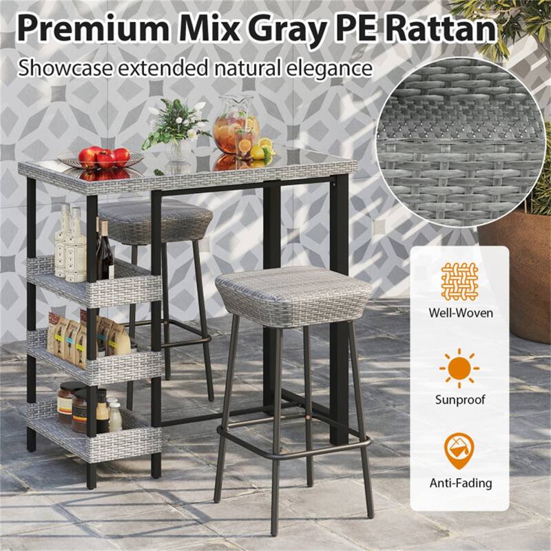 Courtyard Patio Bar Table with PE Rattan and 3 Storage Shelves - 43.5" x 22" x 41"