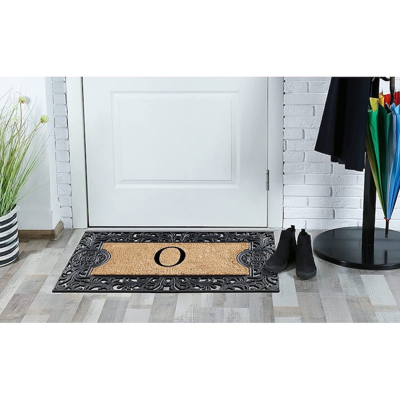 A1HC Floral Border Rubber and Coir Large Outdoor Durable Monogrammed Doormat, Black - 23" X 38"