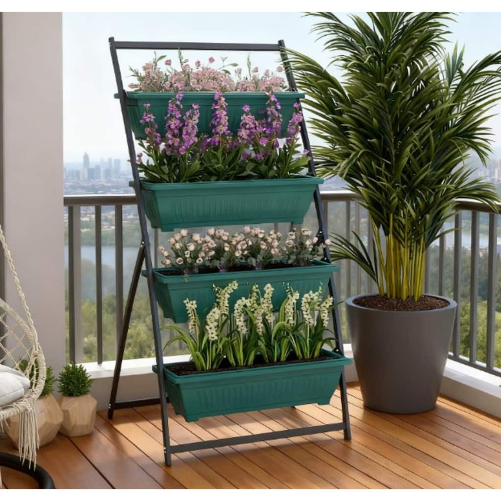 GDFStudio - Indoor Outdoor 4-Tier Vertical Raised Garden Planter with 4 Stackable Boxes & Drainage Holes for Vegetable & Flowers