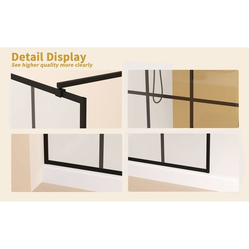 GDFStudio - Emerson Frameless Style Shower Screen with Silk-Printed Tempered Glass and Support Bar - 34" Width x 72"Height