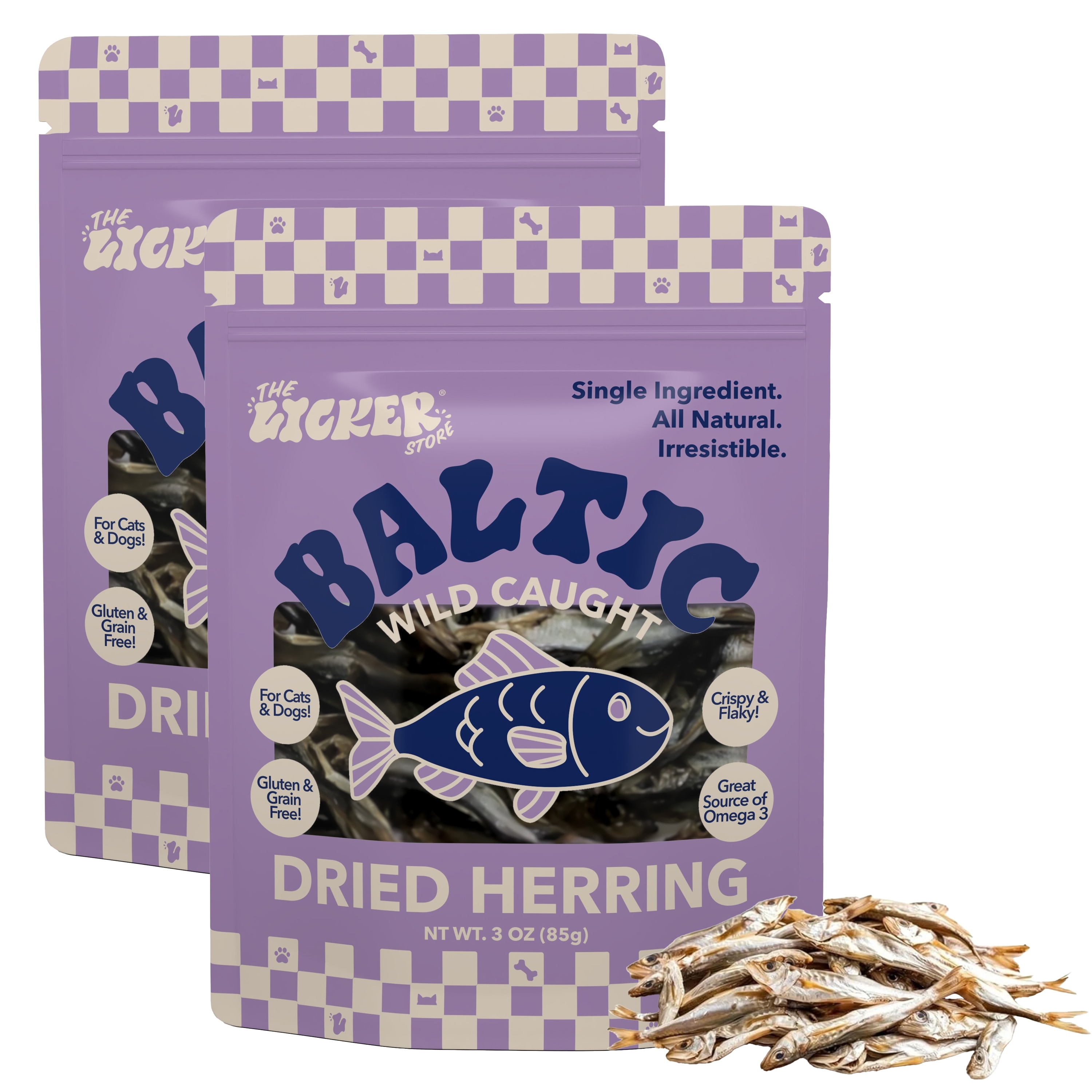 THE LICKER STORE Gluten and Grain-Free Omega-3 Single Ingredient Crunchy Dried Baltic Herring for Dogs/Cats, 2 Pack of 3oz Bags