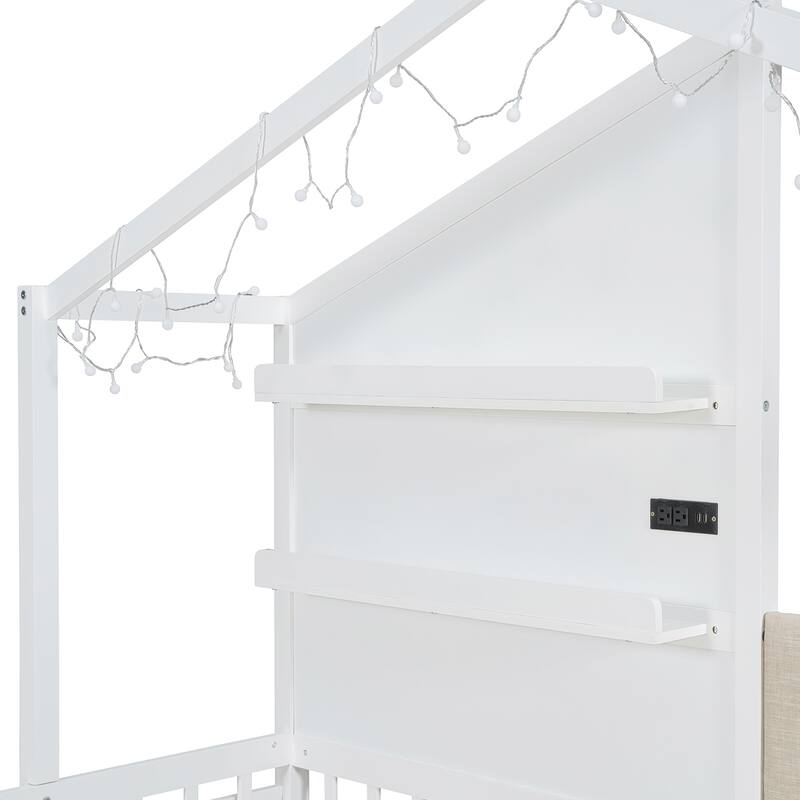 Twin Size House Bed with Upholstered Sofa, House Bed with Charging Station