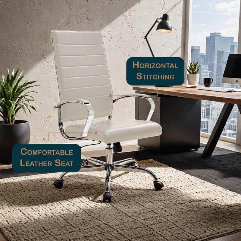 Benmar High-Back Leather Office Desk Chair in Stainless Steel Frame Adjustable Height Tilt Lock 360 Swivel Ergonomic Chair
