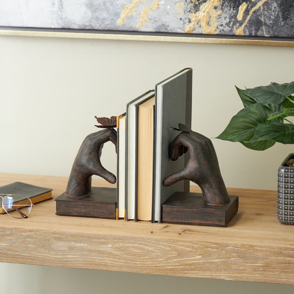 Dark Brown Resin Heart Inspired Hands Decorative Bookends with Butterfly and Copper Accents (Set of 2) - 4"W x 5"L x 8"H