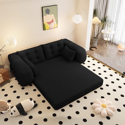 78.7" Foldable Sofa Bed, Teddy Fabric Convertible Floor Sofa Couch with Pillow, Upholstered Loveseat Sleeper Bed for Living Room