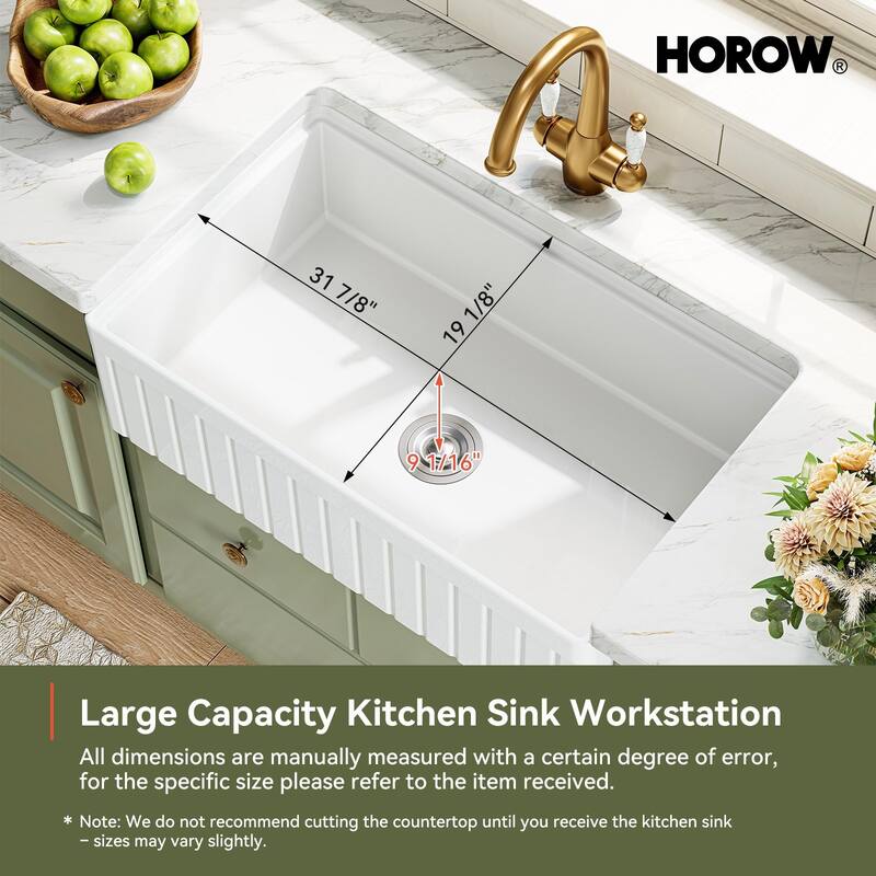 HOROW 33in. Farmhouse/Apron-Front Single Bowl White Fireclay Workstation Kitchen Sink w/Cutting Board,Bottom Grid and Strainer