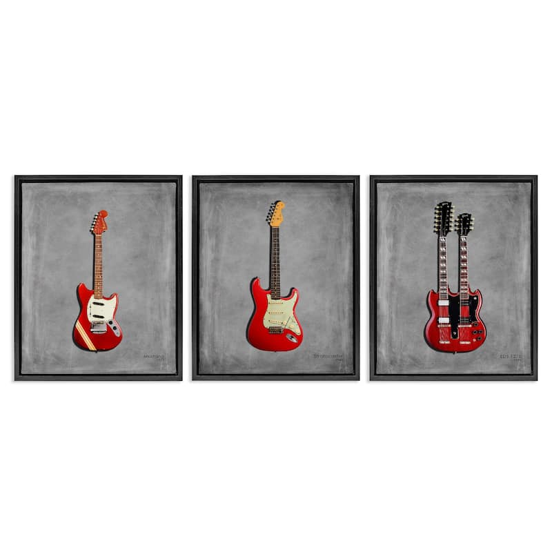 Stupell Red Guitars Collection Framed Floater Canvas Wall Art Design By Mark Rogan (Set of 3) - 17 x 21 - Black