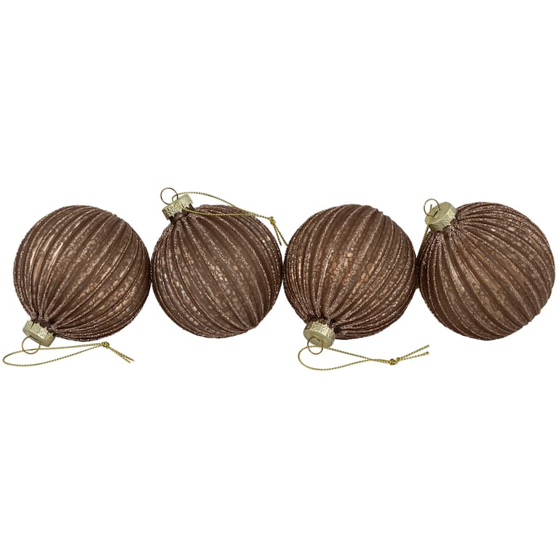 4ct Champagne Chocolate Glittered Ball Christmas Ornaments 3" 80mm