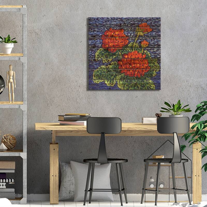 Red Geraniums Print On Wood by Candy Mayer - Multi-Color