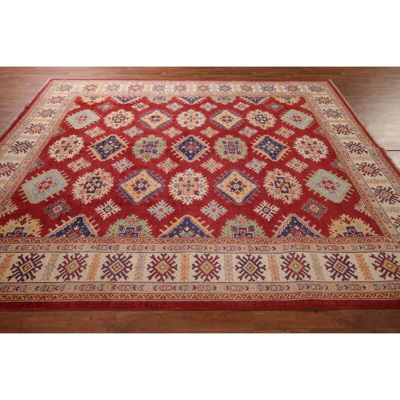 Red Geometric Kazak Area Rug Handmade Wool Carpet - 8'1" x 9'7"