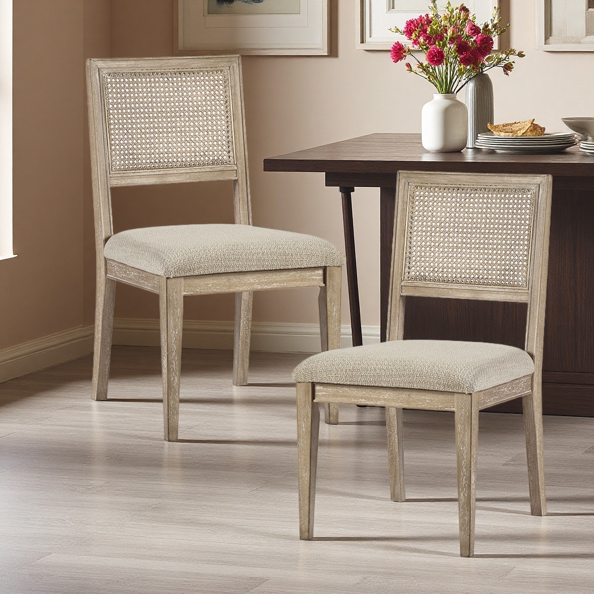 35"H Set of 2 Rubberwood Armless Dining Chairs with Cane Back & Upholstered Seat