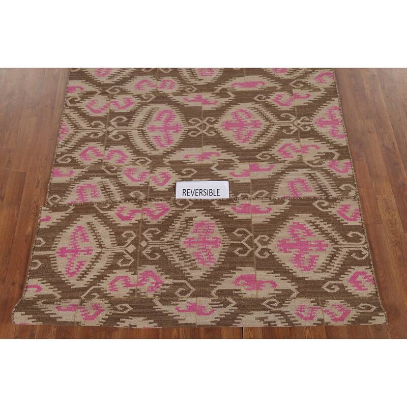 Flat Weave Pile Kilim Oriental Area Rug Hand-Knotted Wool Carpet - 4'10"x 7'10"