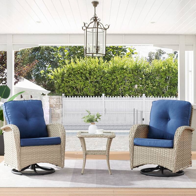 Pocassy Patio Swivel Rocker Chairs with Side Table - Light Beige - Blue
