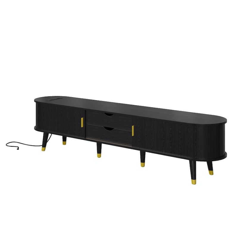 Farmhouse TV Cabinet with Golden Handle,Charging Station and Sliding Tambour Door