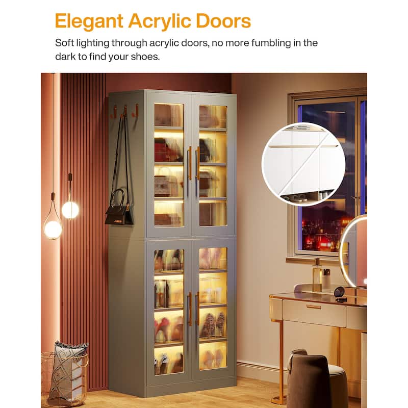 Modern Tall Entryway Shoe Storage Cabinet with Acrylic Doors and LED Light - 8-Tier