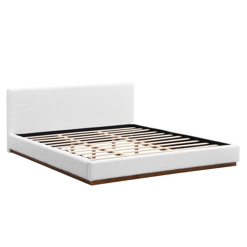 Elegant White Fabric Upholstered Bed with Solid Wood Base Frame, King/Queen Size