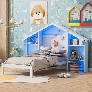 Practical Design Twin Size Wooden Platform Bed with House-shaped Storage Headboard and Built-in LED Light