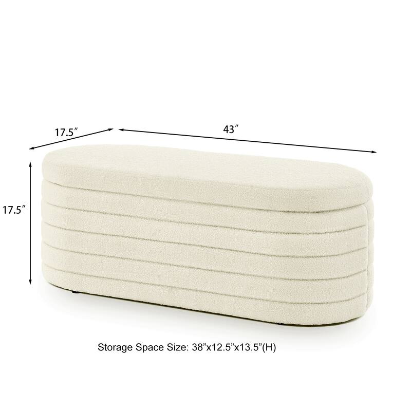 Oval Storage Ottoman Bench, Upholstered Boucle Teddy Fabric End of Bed Bench with Storage, End of Bed Stool with Safety Hinge