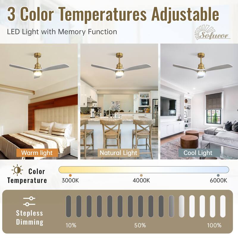 52" Solid Wood Noiseless 3-Blade Ceiling Fans with Dimmable LED Light Optional and Remote, 6-Speed Reversible DC Motor