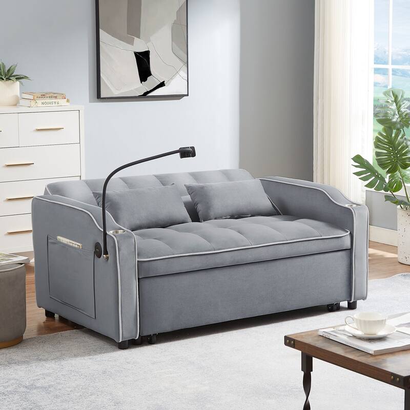 Convertible Sofa Bed with Adjustable Backrest and Side Pocket, Velvet Pull Out Sofa Couch with USB Port, Ashtray and Phone Stand