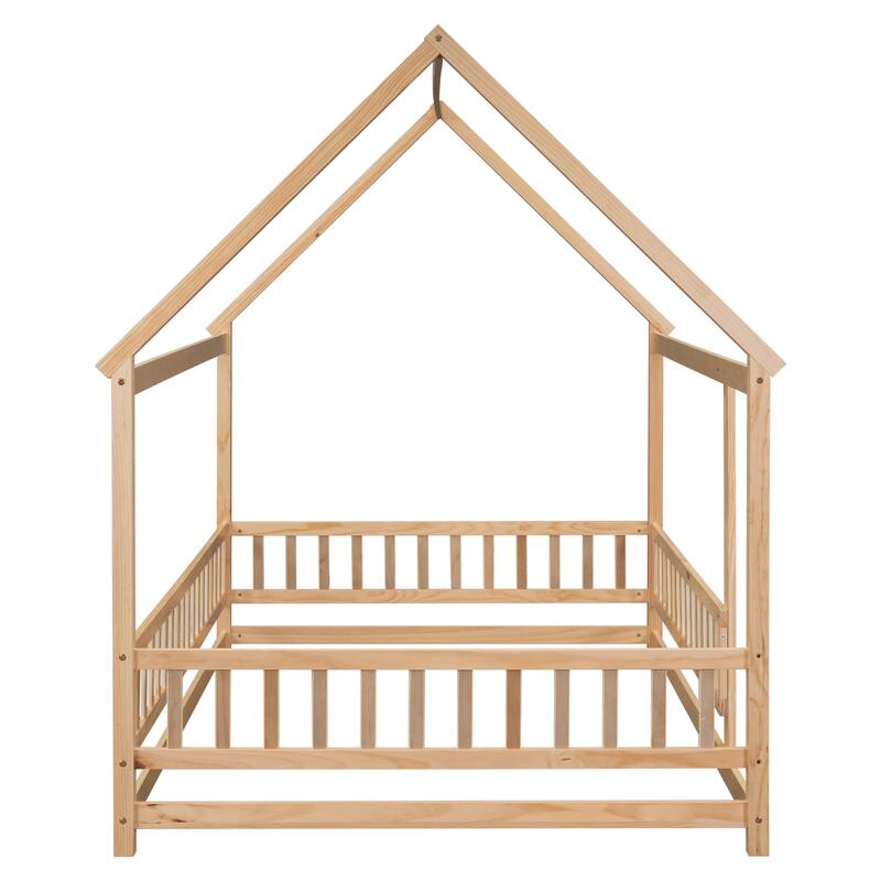 Full Size Wooden Floor Bed with House Roof Frame, Fence Guardrails for Kids, Bedroom