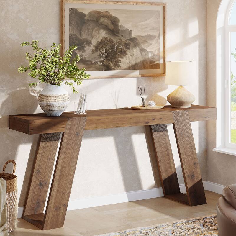 63" Solid Wood Console Table, Narrow Sofa Table Behind Couch - Brown