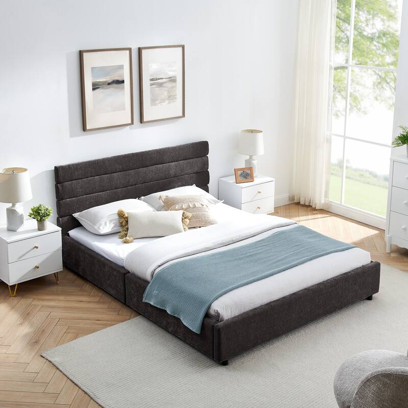 Roomfitters Queen Upholstered Bed Frame with Cushioned Headboard and 4 Storage Drawers, Chenille Fabric Platform Bed