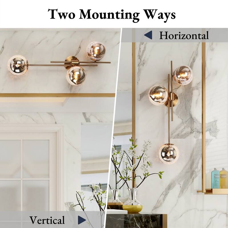 Bela Modern Glam Gold 3-Light Chandelier Wall Sconce Orb Mercury Glass Vanity Light - W12" x H30"