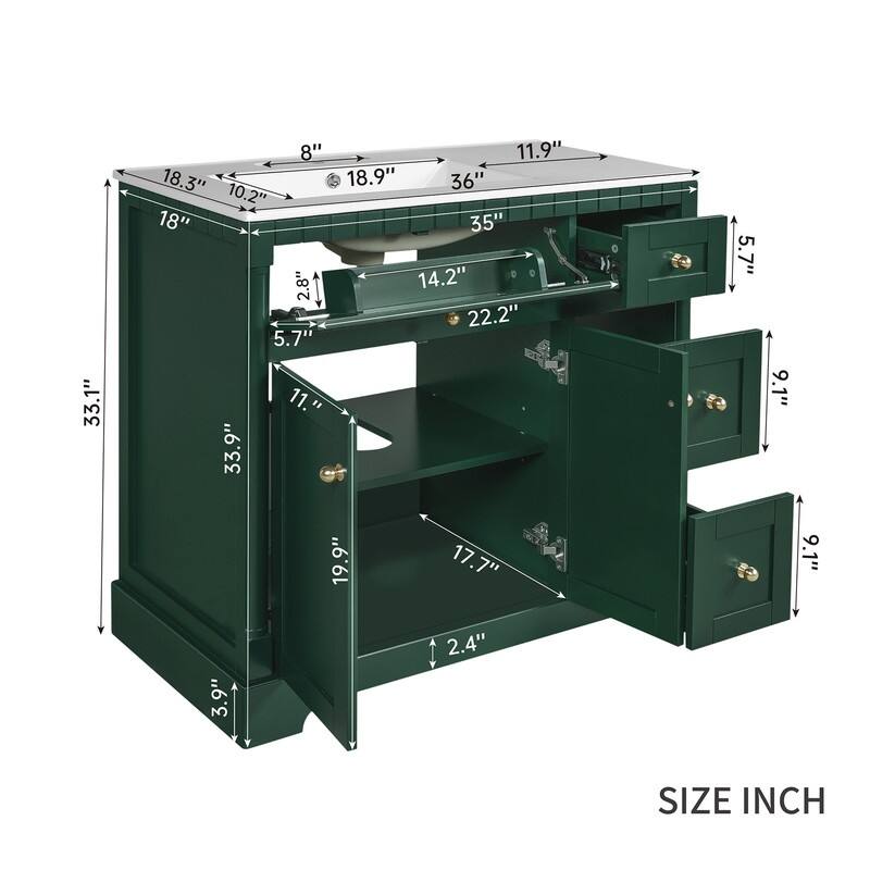 36" Vanity with Top, Modern Bathroom Storage Vanity Includes Adjustable Shelf, Soft Closing Doors, 3 Drawers and Tip Out Drawer